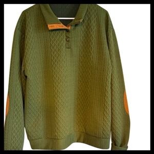 Olive Green Textured Pullover XL Elbow Patches Collared Button Sweater